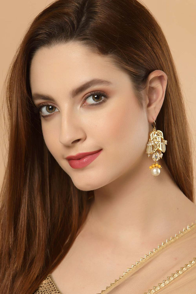 Yellow And White Gold-Plated Kundan And Pearls Dangler Earring