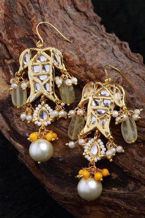 Yellow And White Gold-Plated Kundan And Pearls Dangler Earring