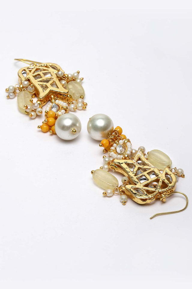 Yellow And White Gold-Plated Kundan And Pearls Dangler Earring