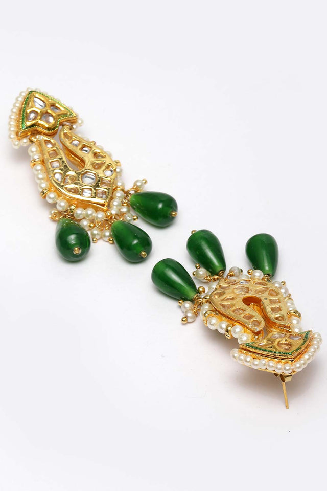 Green And White Gold-Plated Kundan And Pearls Dangler Earring