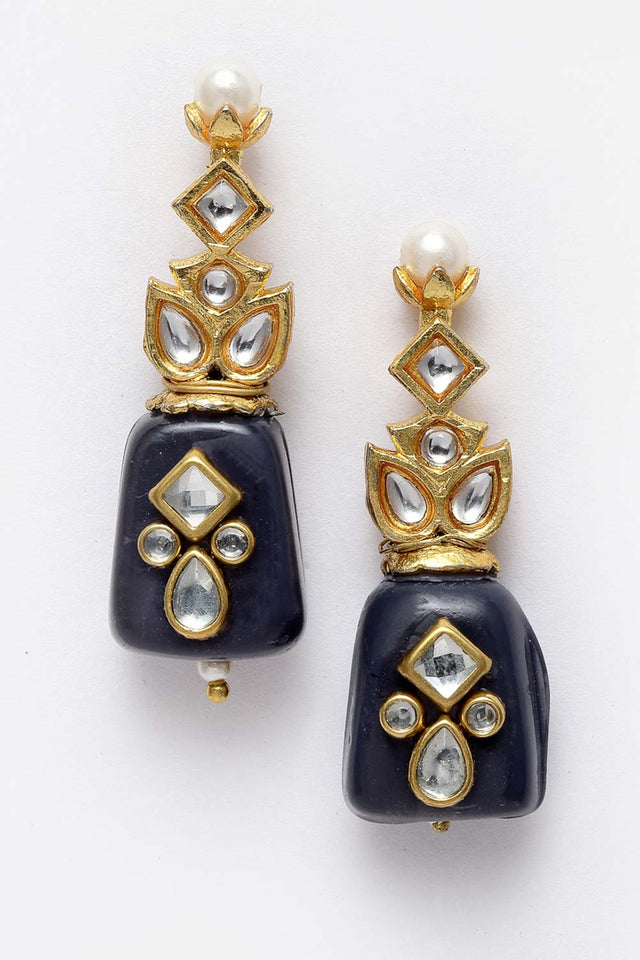 Black And White Gold-Plated Kundan And Pearls Dangler Earring