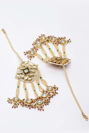 Red And White Gold-Plated Kundan And Pearls Dangler Earring