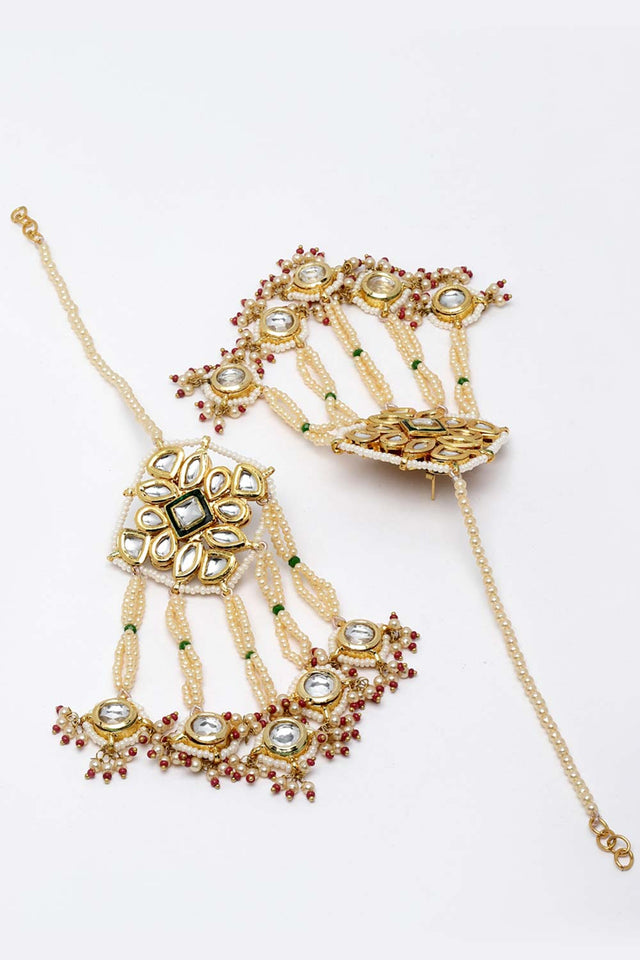 Red And White Gold-Plated Kundan And Pearls Dangler Earring