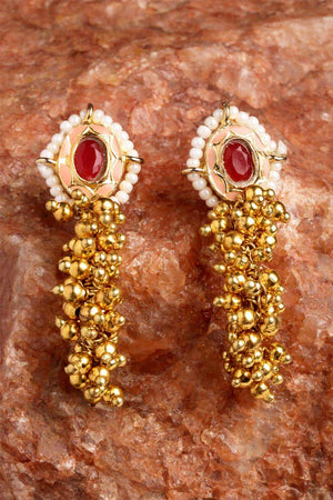 Multi-Color And White Gold-Plated Pearls And Ruby Dangler Earring