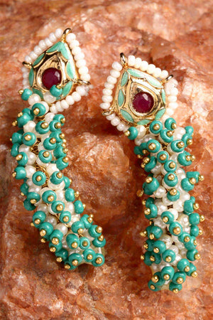 Multi-Color And White Gold-Plated Pearls And Ruby Dangler Earring