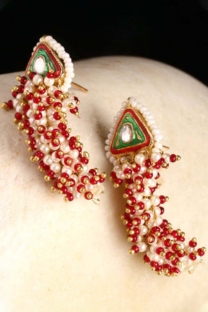 Red And Green Gold-Plated Kundan And Pearls Dangler Earring