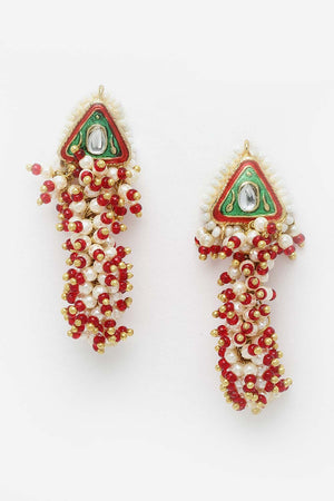 Red And Green Gold-Plated Kundan And Pearls Dangler Earring