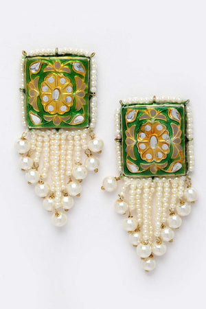 Green And White Gold-Plated Kundan And Pearls Dangler Earring