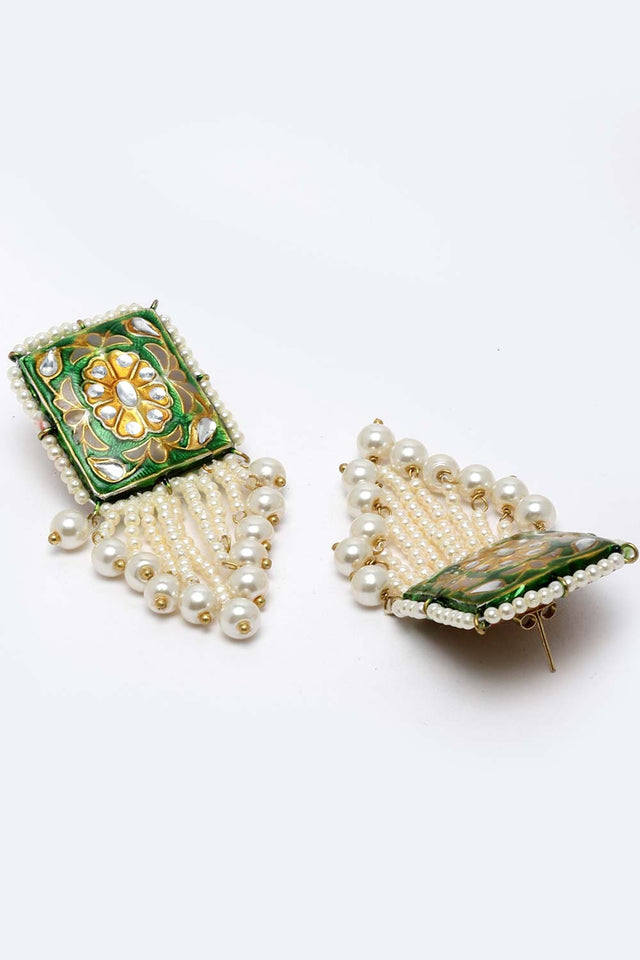 Green And White Gold-Plated Kundan And Pearls Dangler Earring