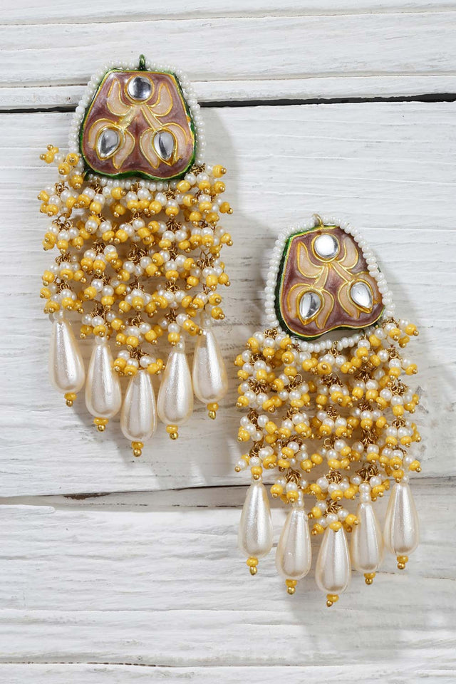 Multi-Color And White Gold-Plated Kundan And Pearls Dangler Earring
