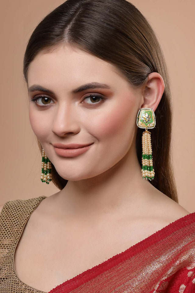 Green And Cream Gold-Plated Kundan And Pearls Drop Earring