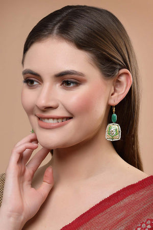 Green And White Gold-Plated Kundan And Pearls Drop Earring