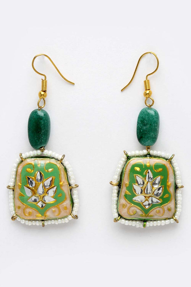 Green And White Gold-Plated Kundan And Pearls Drop Earring