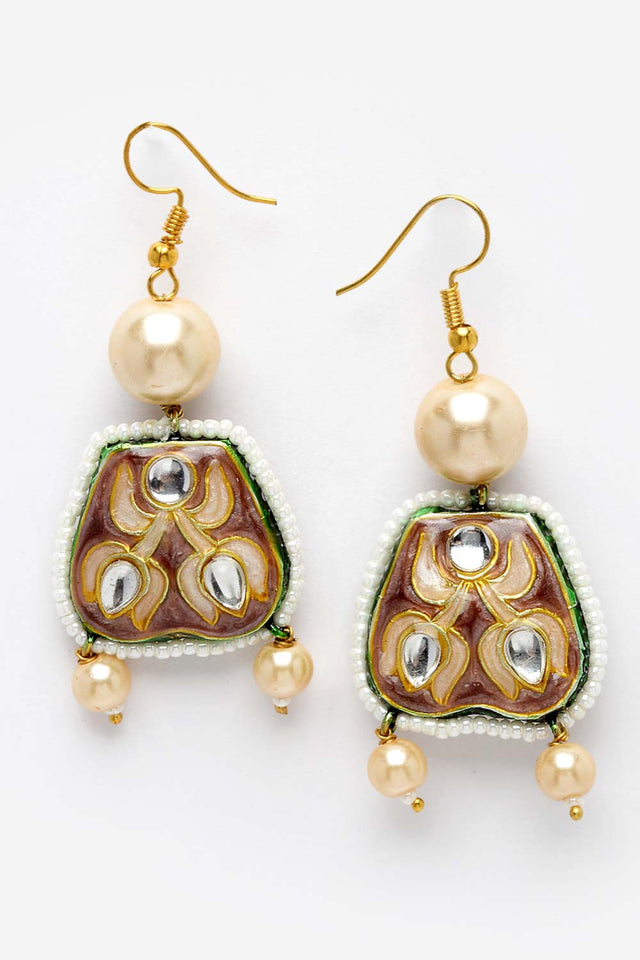 Gold And White Gold-Plated Kundan And Pearls Drop Earring