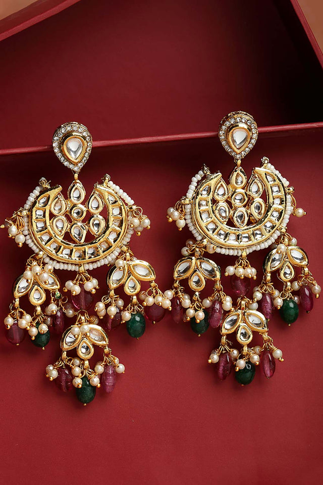 Multi-Color Gold-Plated Kundan Diamonds And Pearls Drop Earring
