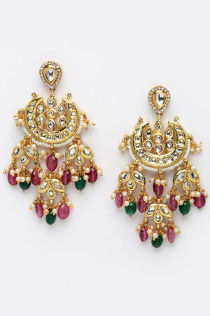 Multi-Color Gold-Plated Kundan Diamonds And Pearls Drop Earring