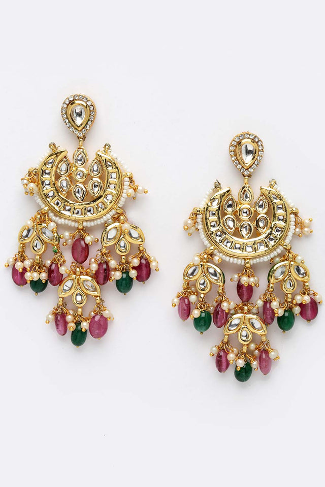 Multi-Color Gold-Plated Kundan Diamonds And Pearls Drop Earring