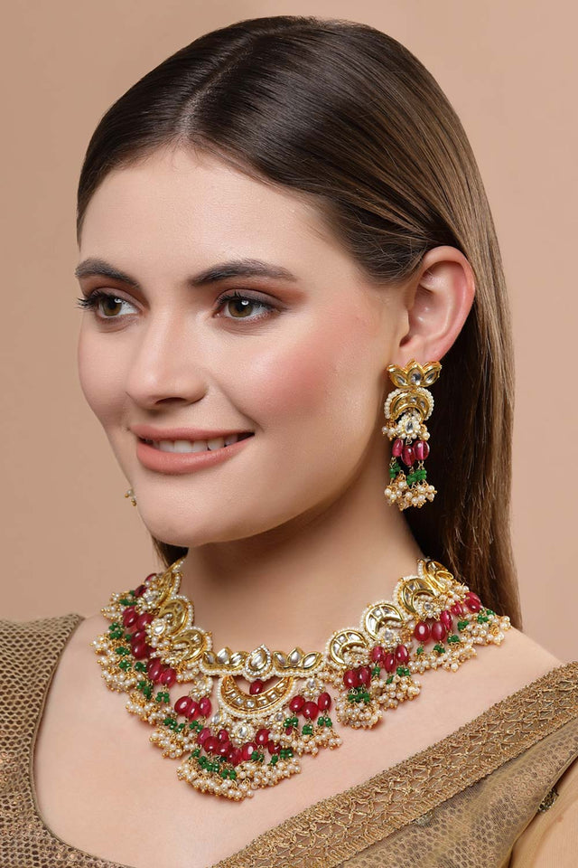 Multi-Color And White Gold-Plated Kundan And Pearls Drop Earring