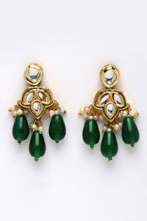 Green Gold-Plated Kundan And Pearls Drop Earring