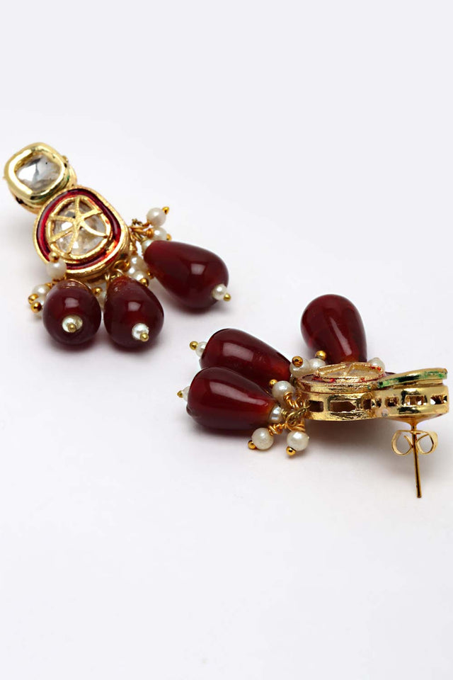 Red Gold-Plated Kundan And Pearls Drop Earring