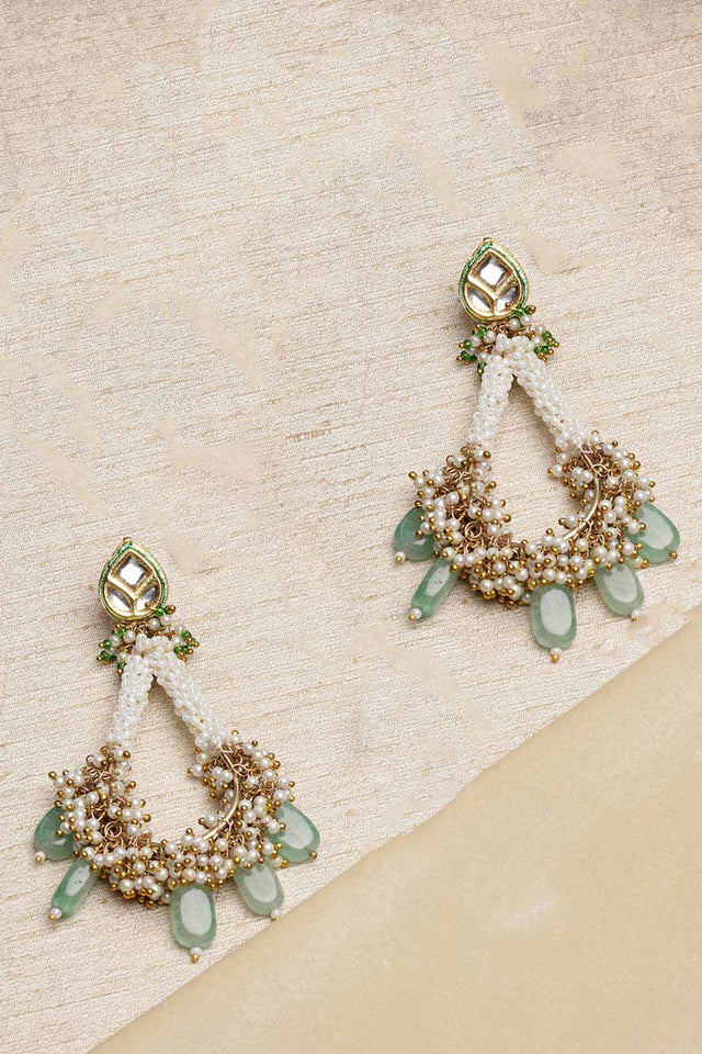 Green And Gold Gold-Plated Kundan And Pearls Chandbali Earrings