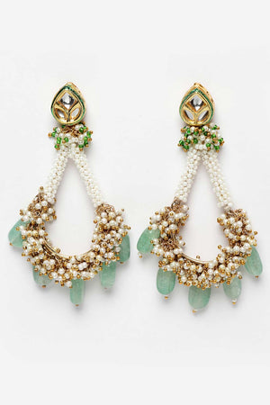 Green And Gold Gold-Plated Kundan And Pearls Chandbali Earrings