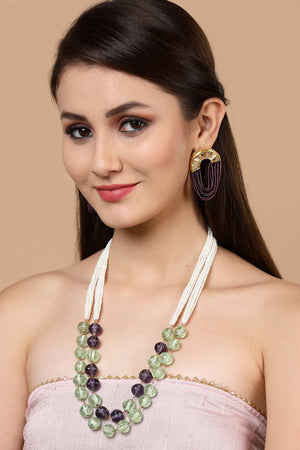 Purple And Gold Gold-Plated Kundan And Pearls Chandbali Earrings