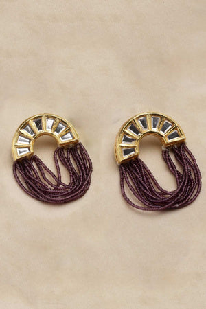 Purple And Gold Gold-Plated Kundan And Pearls Chandbali Earrings