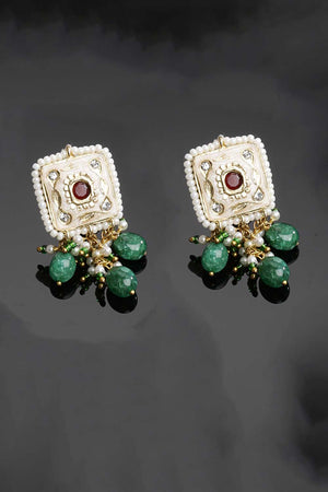 Green And Peach Gold-Plated American Diamonds And Pearls Chandbali Earrings