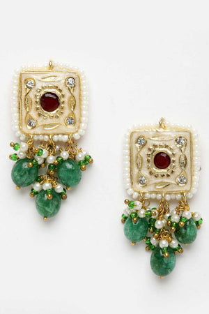 Green And Peach Gold-Plated American Diamonds And Pearls Chandbali Earrings