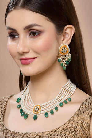 Orange And Green Gold-Plated Kundan And Pearls Chandbali Earrings (DGED22161)