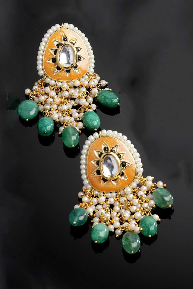 Orange And Green Gold-Plated Kundan And Pearls Chandbali Earrings (DGED22161)
