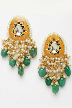 Orange And Green Gold-Plated Kundan And Pearls Chandbali Earrings (DGED22161)