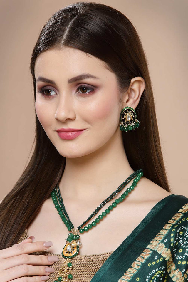 Black And Green Gold-Plated Kundan And Pearls Chandbali Earrings