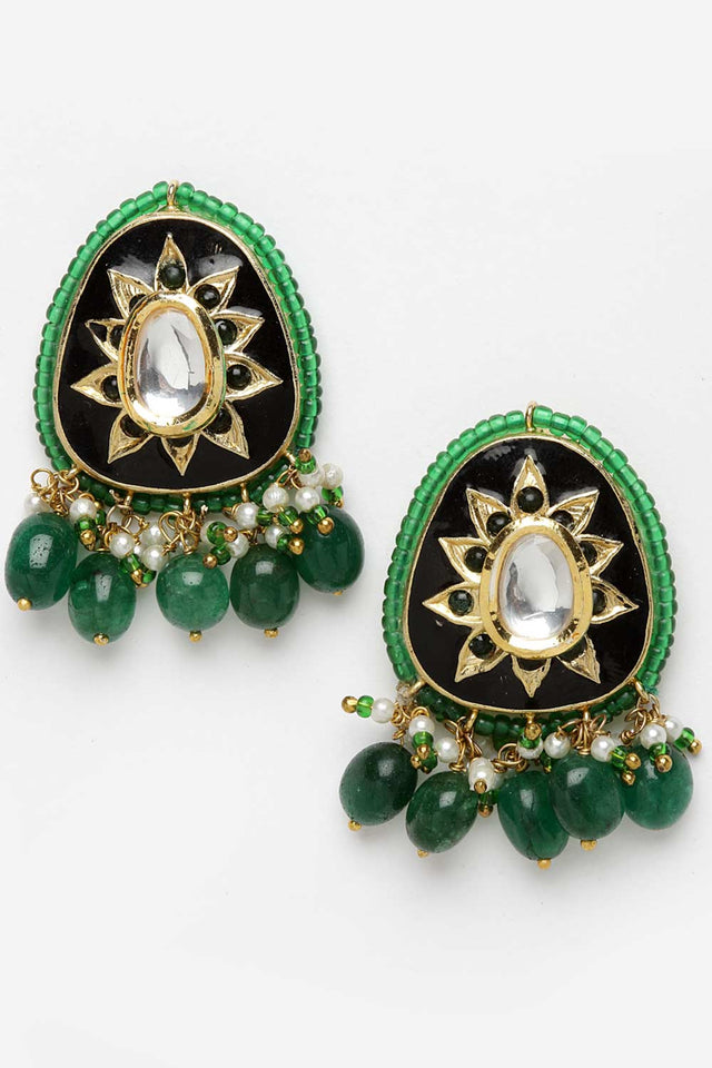 Black And Green Gold-Plated Kundan And Pearls Chandbali Earrings