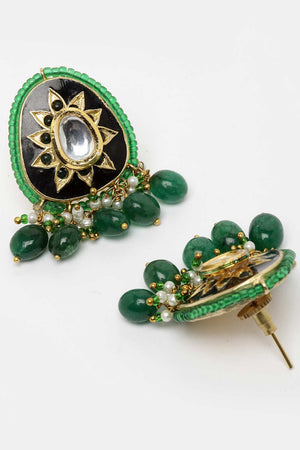 Black And Green Gold-Plated Kundan And Pearls Chandbali Earrings