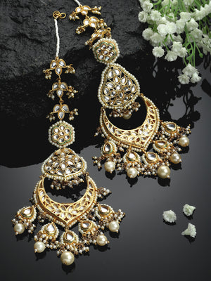 Cream And White Gold-Plated Kundan And Pearls Drop Earring