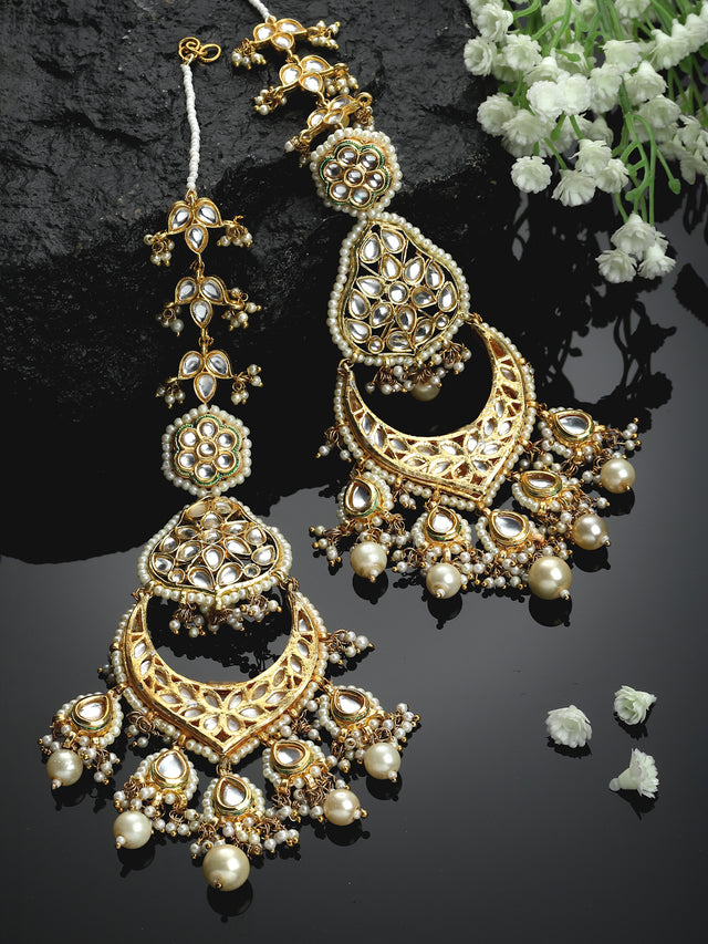 Cream And White Gold-Plated Kundan And Pearls Drop Earring