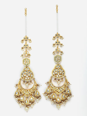 Cream And White Gold-Plated Kundan And Pearls Drop Earring