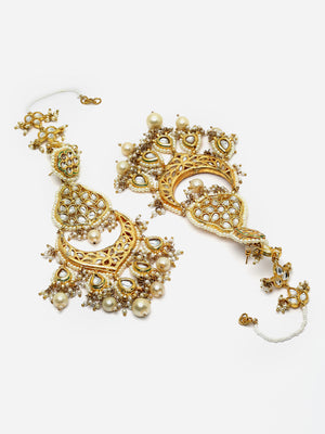 Cream And White Gold-Plated Kundan And Pearls Drop Earring