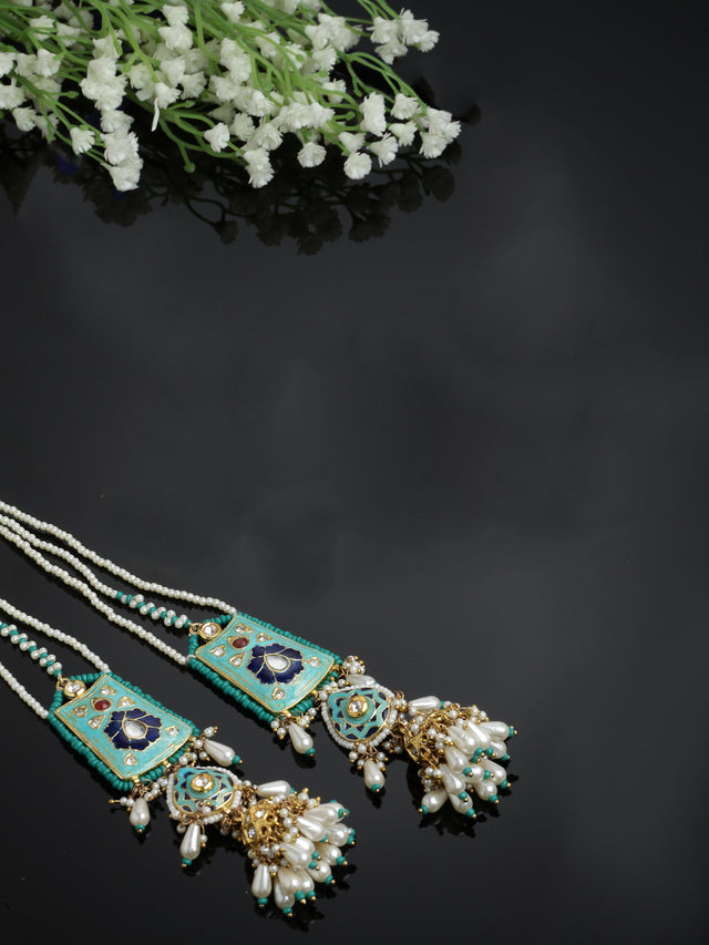 Blue And Red Gold-Plated Kundan And American Diamonds Drop Earring