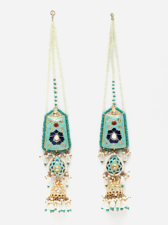 Blue And Red Gold-Plated Kundan And American Diamonds Drop Earring