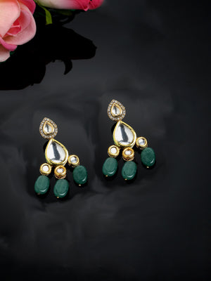 Green And White Gold-Plated Kundan And Pearls Drop Earring