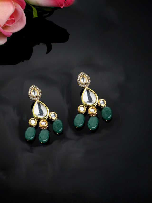 Green And White Gold-Plated Kundan And Pearls Drop Earring