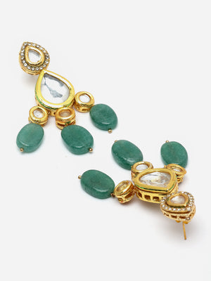Green And White Gold-Plated Kundan And Pearls Drop Earring