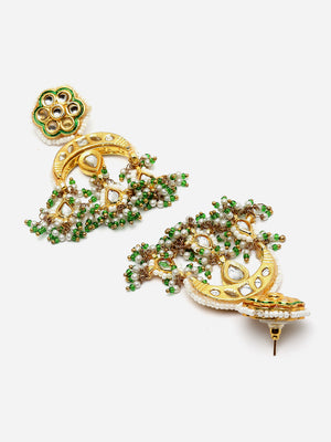 Green And White Gold-Plated Kundan And Pearls Drop Earring
