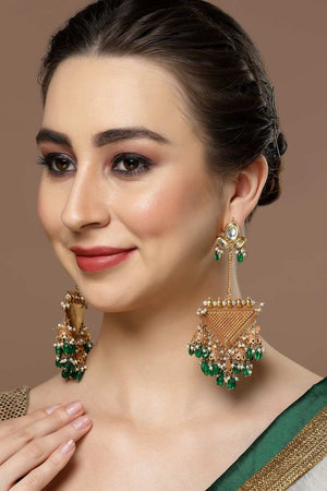 Green And Gold Kundan And Pearls Chandbali Earring
