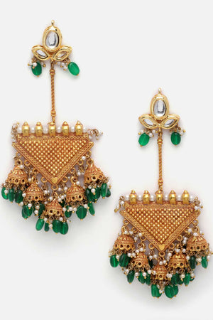 Green And Gold Kundan And Pearls Chandbali Earring