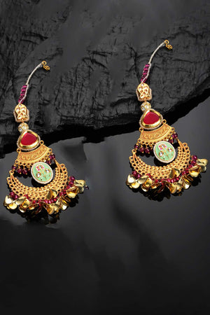 Gold And Red Kundan And American Diamonds Chandbali Earring