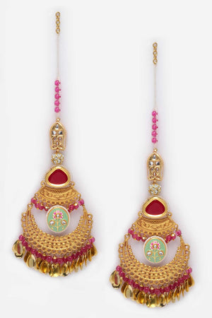 Gold And Red Kundan And American Diamonds Chandbali Earring